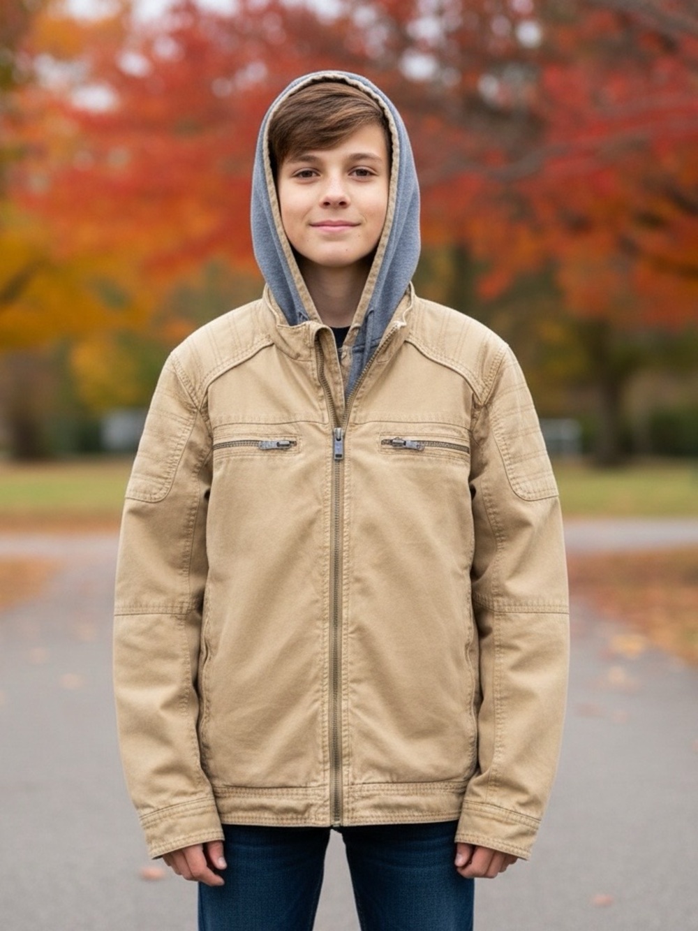 Youth First Wave KHAKI TAN Gray Jacket SIZE 14 to 16 cotton removable hood